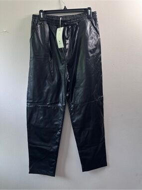 NWT Cinnie Faux Leather Jogger Pants Black Elastic Drawstring Waist Sise L